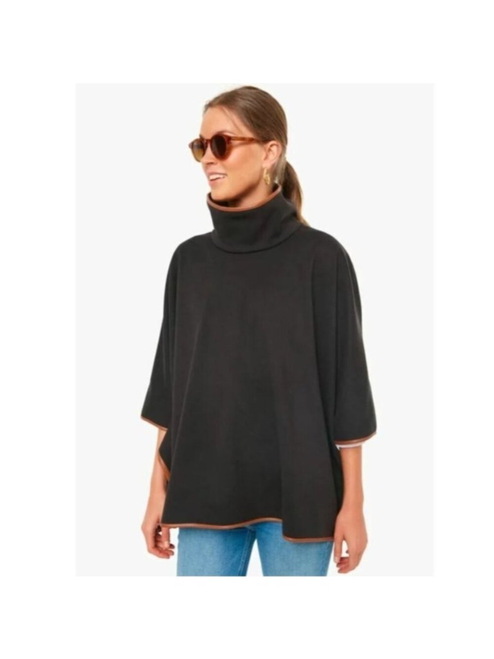 Tuckernuck Women's Leather Trim Funnel Neck Piper Poncho Black/Brown OS